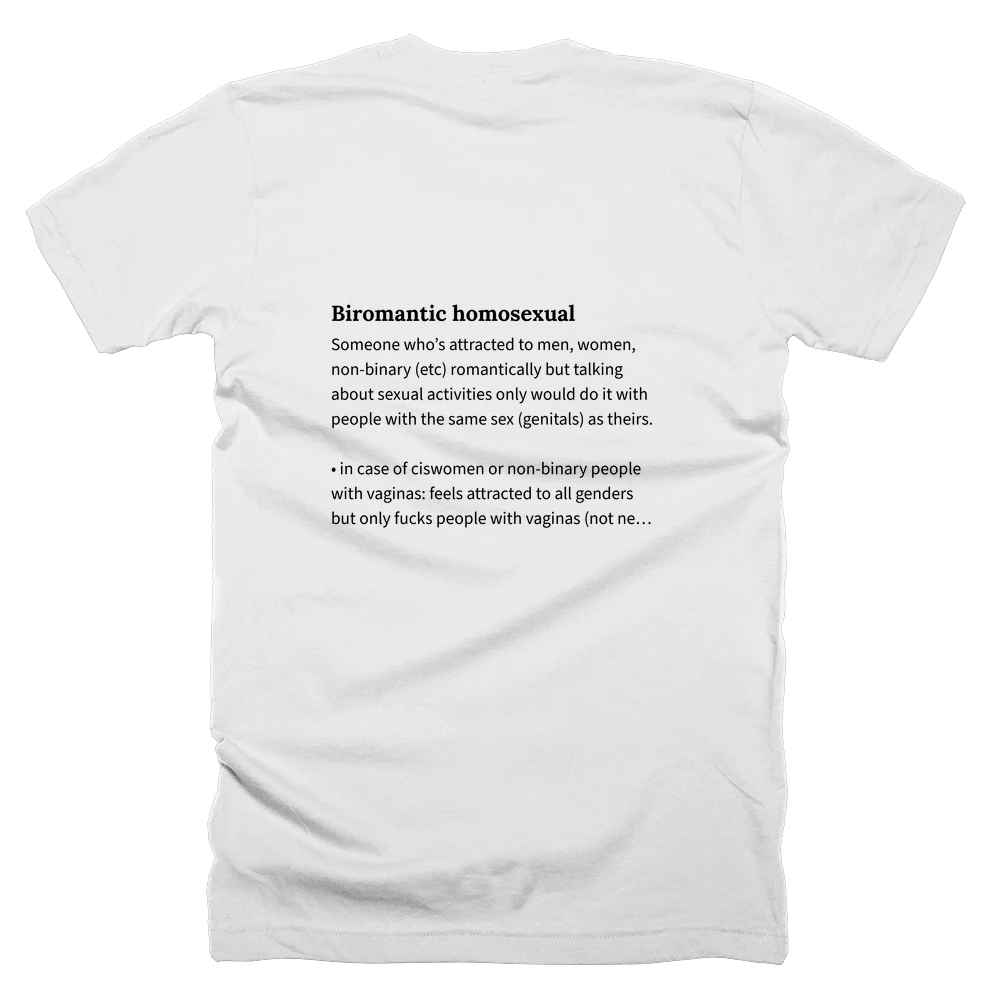 T-shirt with a definition of 'Biromantic homosexual' printed on the back