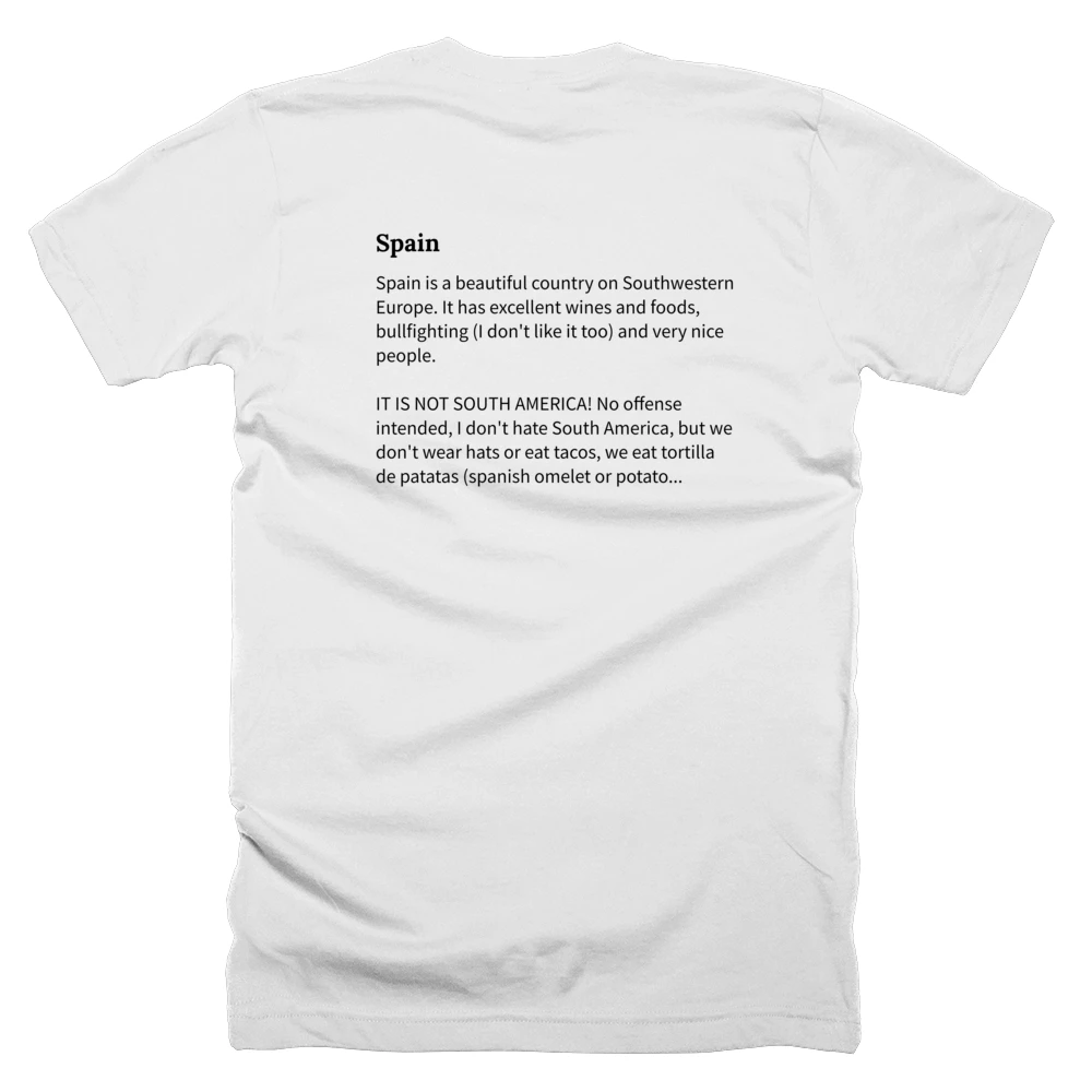 T-shirt with a definition of 'Spain' printed on the back