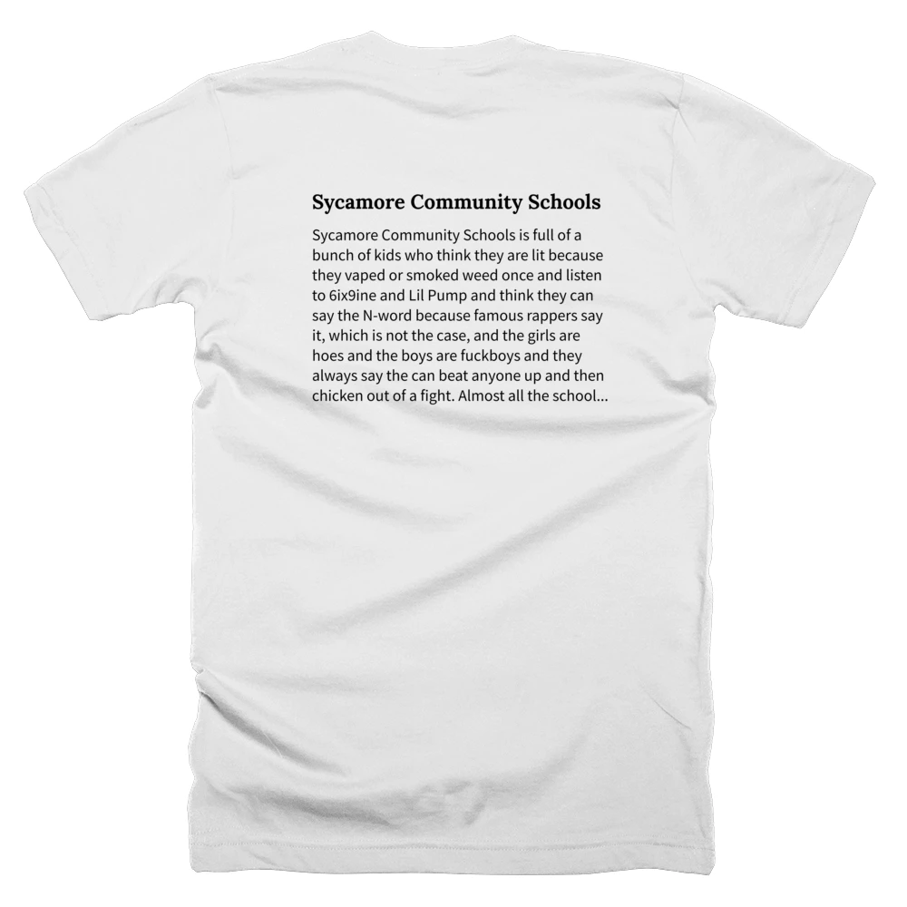 T-shirt with a definition of 'Sycamore Community Schools' printed on the back