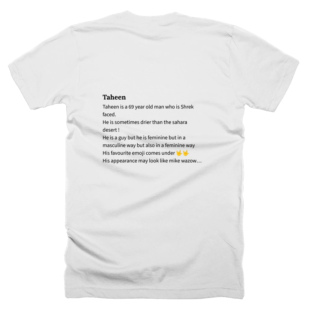 T-shirt with a definition of 'Taheen' printed on the back