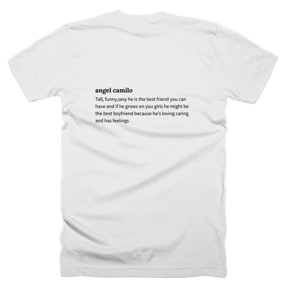 T-shirt with a definition of 'angel camilo' printed on the back