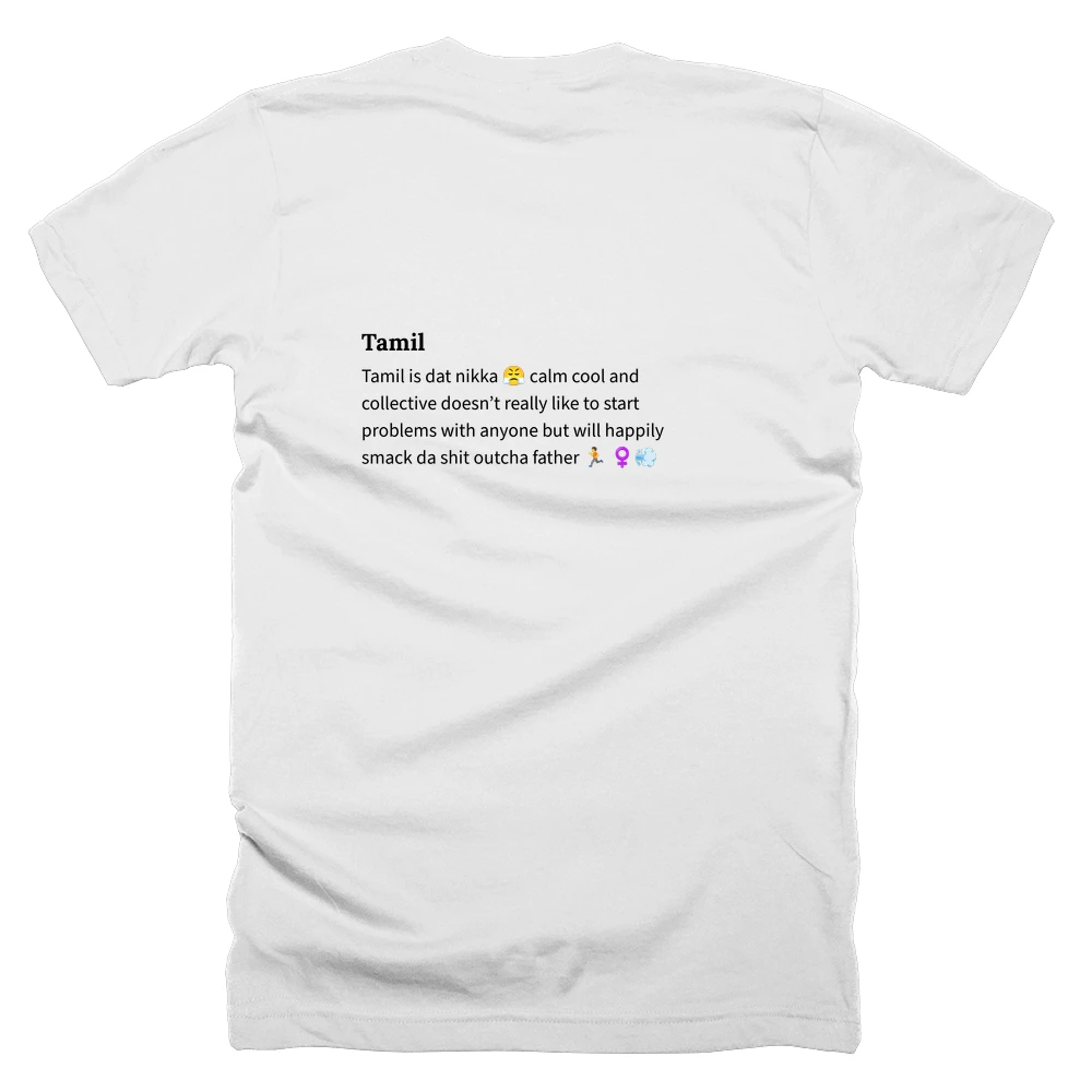 T-shirt with a definition of 'Tamil' printed on the back