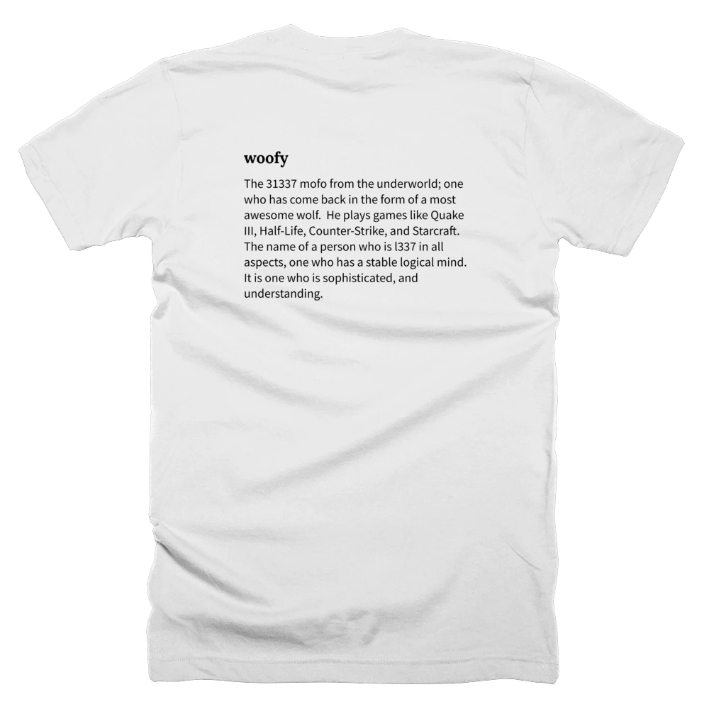 T-shirt with a definition of 'woofy' printed on the back
