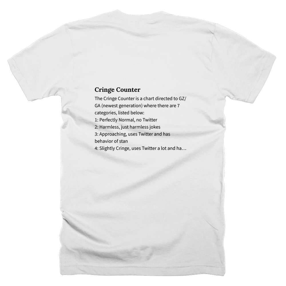 T-shirt with a definition of 'Cringe Counter' printed on the back