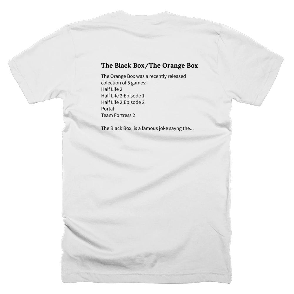 T-shirt with a definition of 'The Black Box/The Orange Box' printed on the back