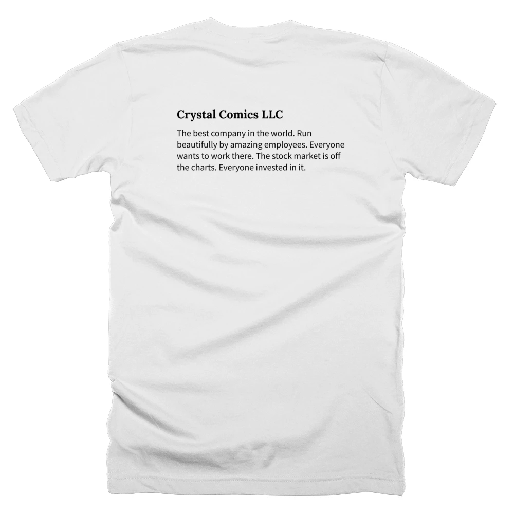 T-shirt with a definition of 'Crystal Comics LLC' printed on the back