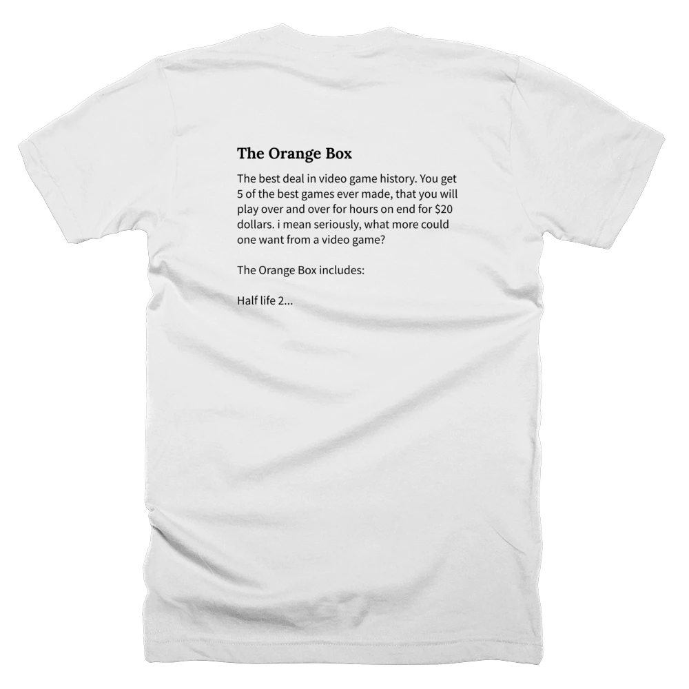 T-shirt with a definition of 'The Orange Box' printed on the back