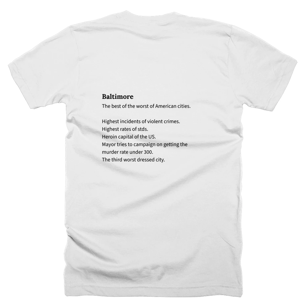 T-shirt with a definition of 'Baltimore' printed on the back