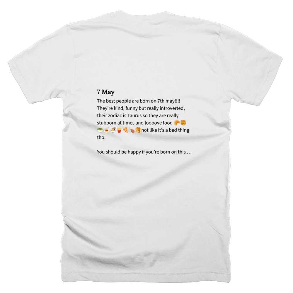 T-shirt with a definition of '7 May' printed on the back