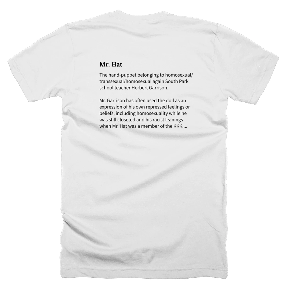T-shirt with a definition of 'Mr. Hat' printed on the back