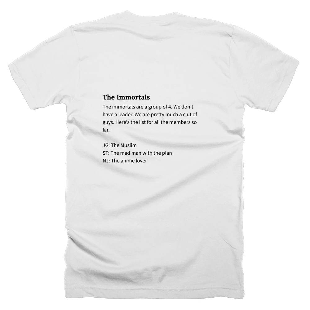 T-shirt with a definition of 'The Immortals' printed on the back