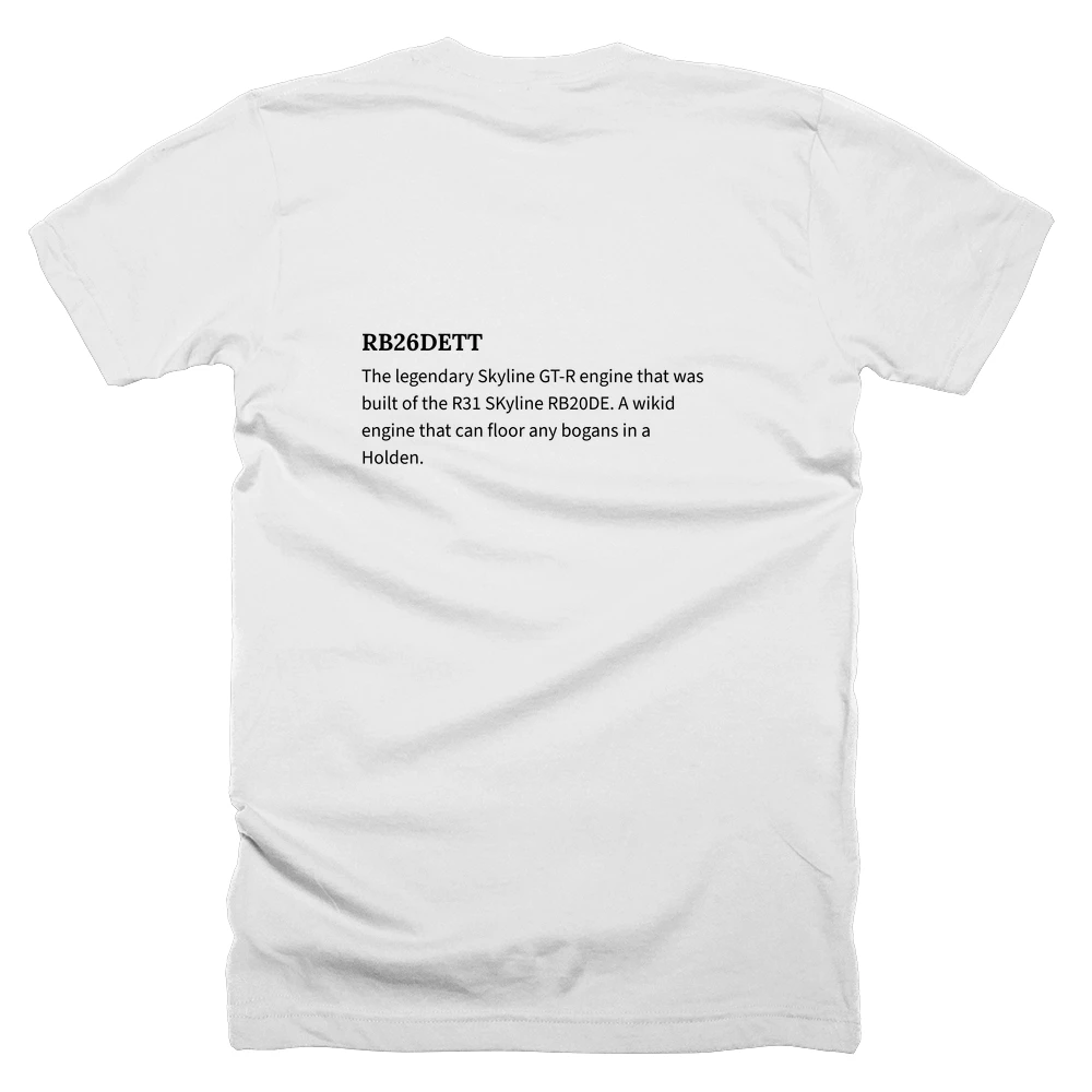 T-shirt with a definition of 'RB26DETT' printed on the back