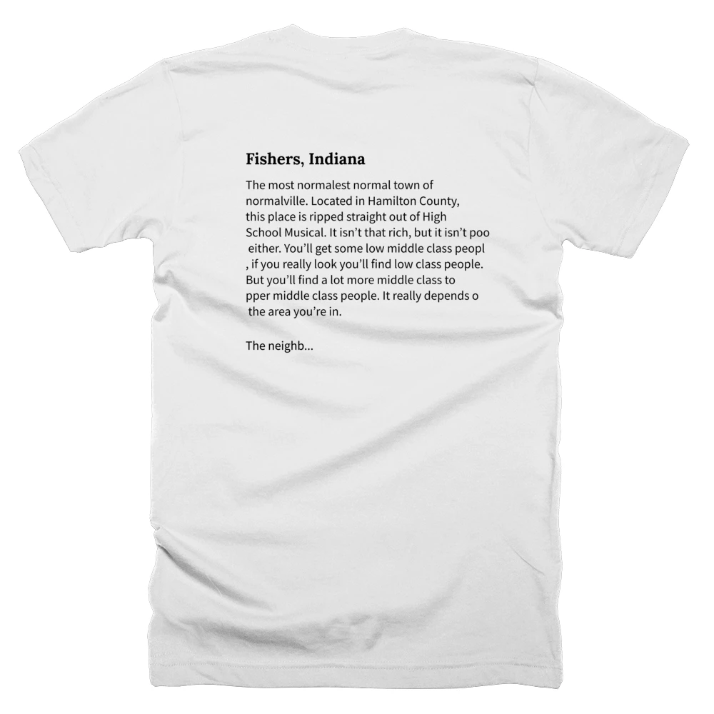 T-shirt with a definition of 'Fishers, Indiana' printed on the back