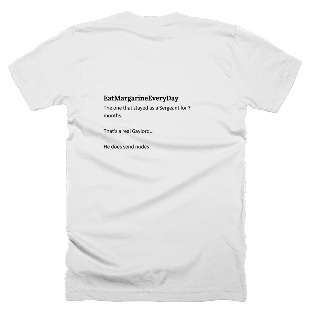 T-shirt with a definition of 'EatMargarineEveryDay' printed on the back