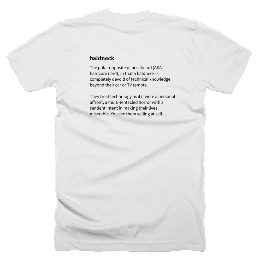 T-shirt with a definition of 'baldneck' printed on the back
