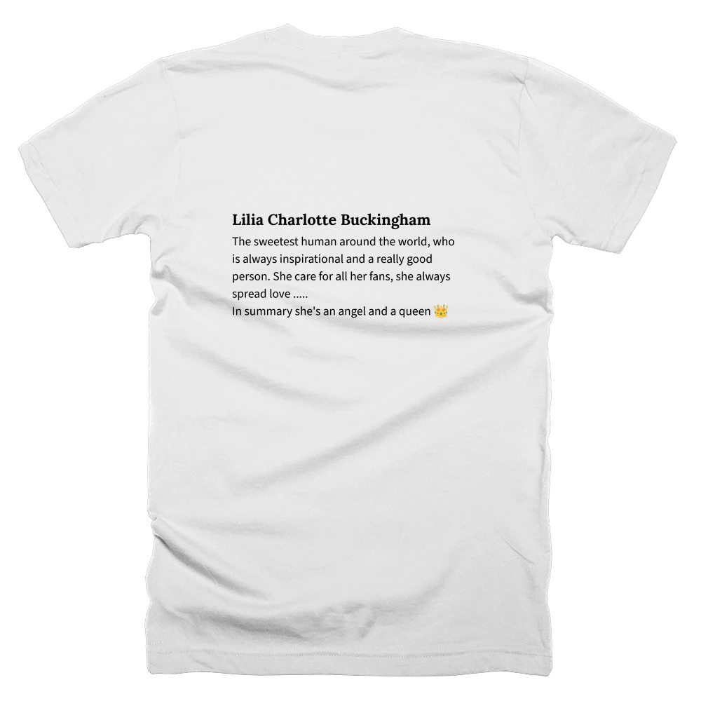 T-shirt with a definition of 'Lilia Charlotte Buckingham' printed on the back