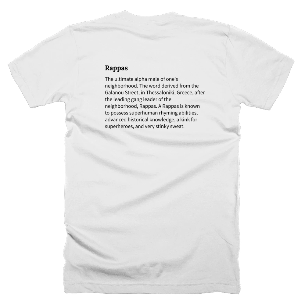 T-shirt with a definition of 'Rappas' printed on the back