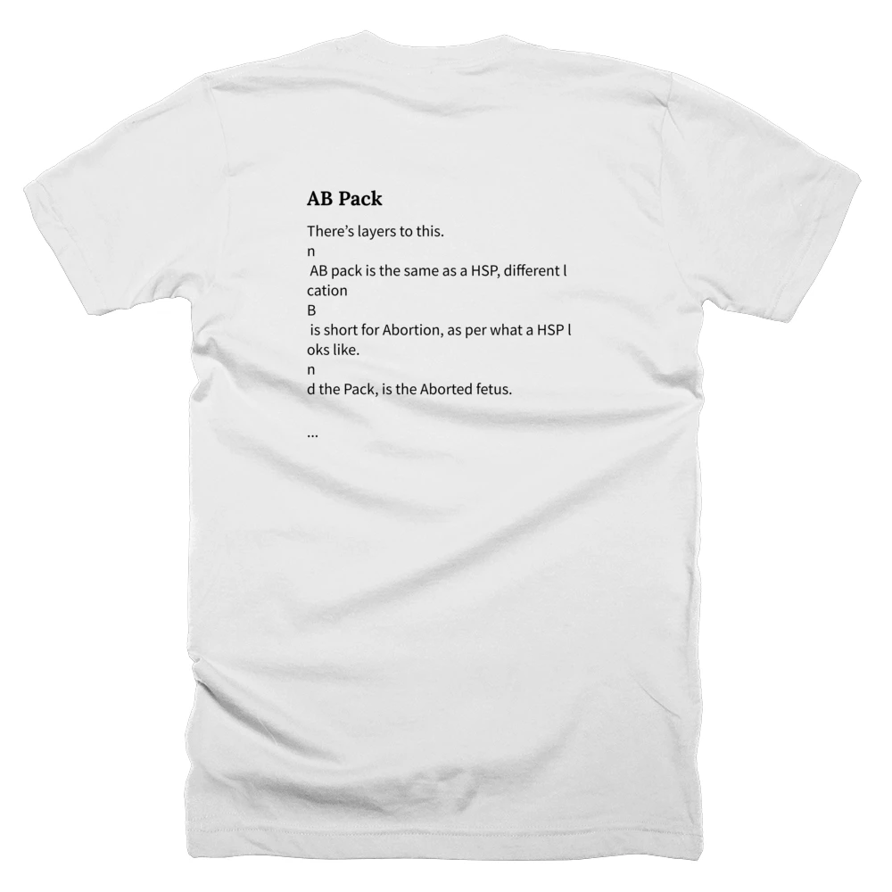 T-shirt with a definition of 'AB Pack' printed on the back