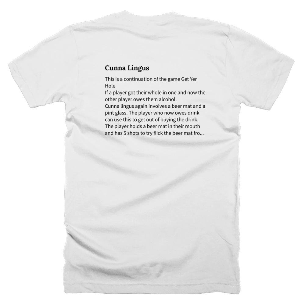 T-shirt with a definition of 'Cunna Lingus' printed on the back