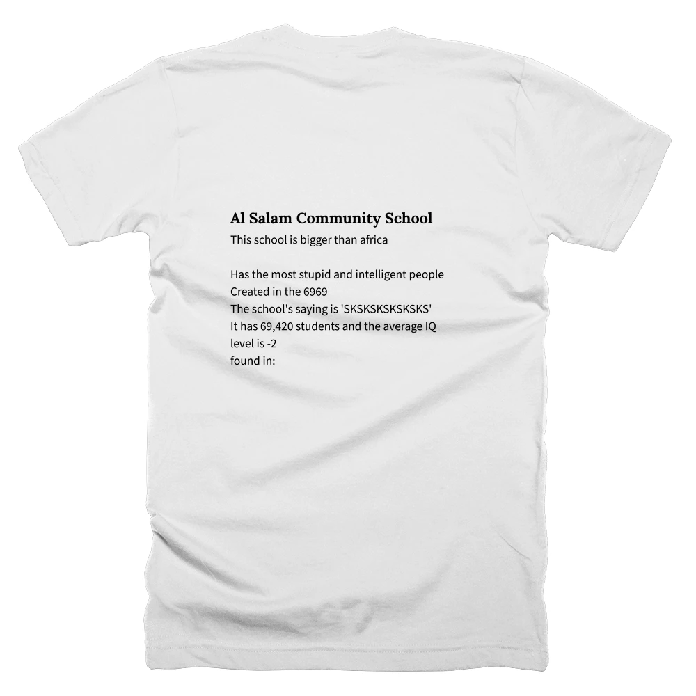 T-shirt with a definition of 'Al Salam Community School' printed on the back