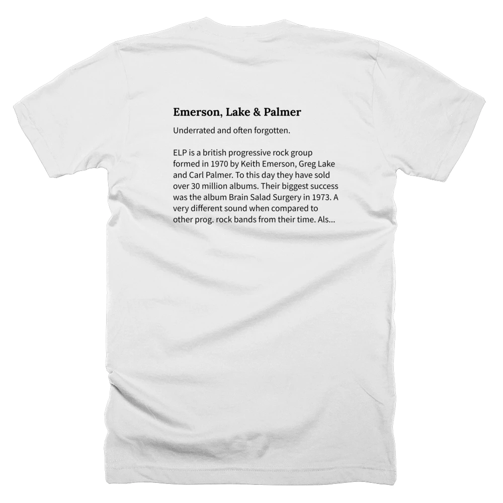 T-shirt with a definition of 'Emerson, Lake & Palmer' printed on the back