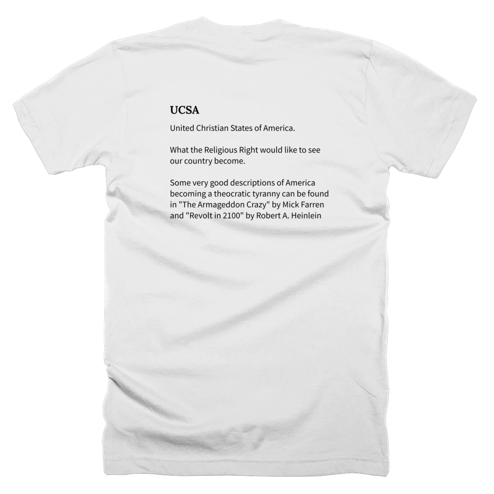 T-shirt with a definition of 'UCSA' printed on the back