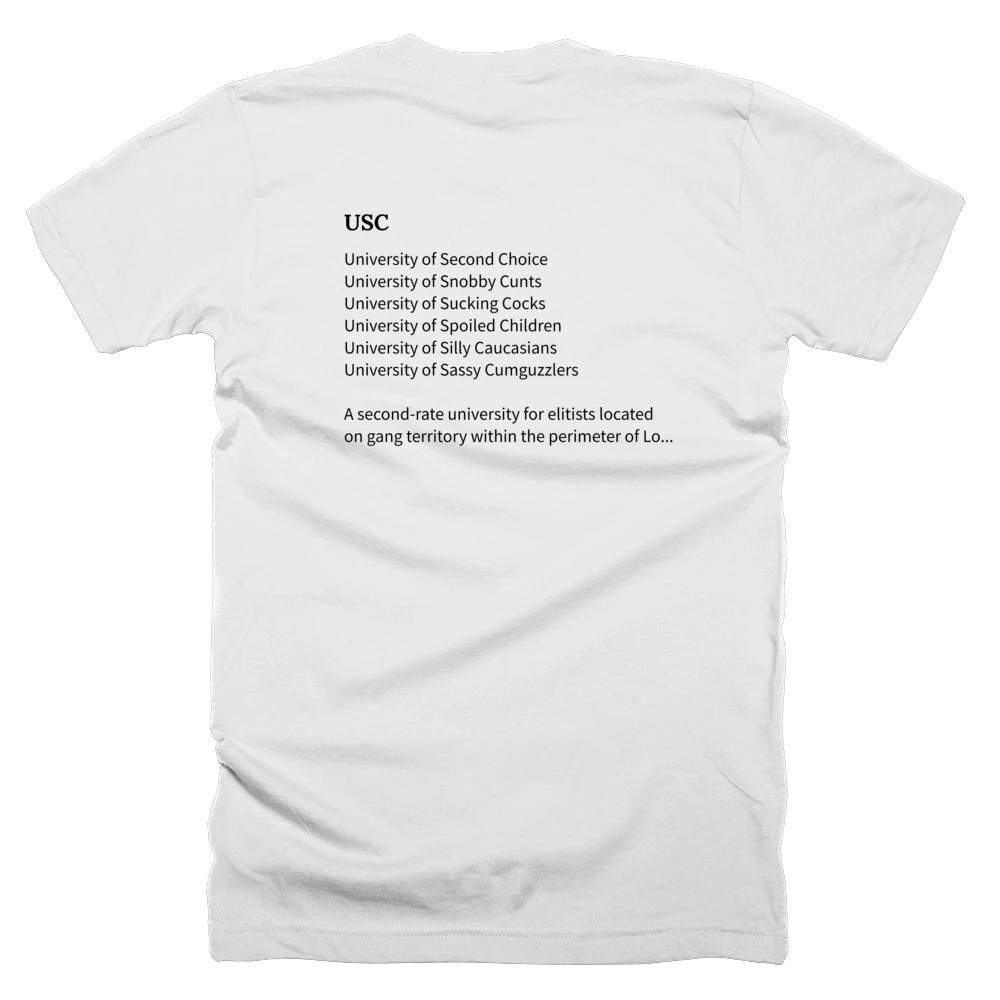 T-shirt with a definition of 'USC' printed on the back