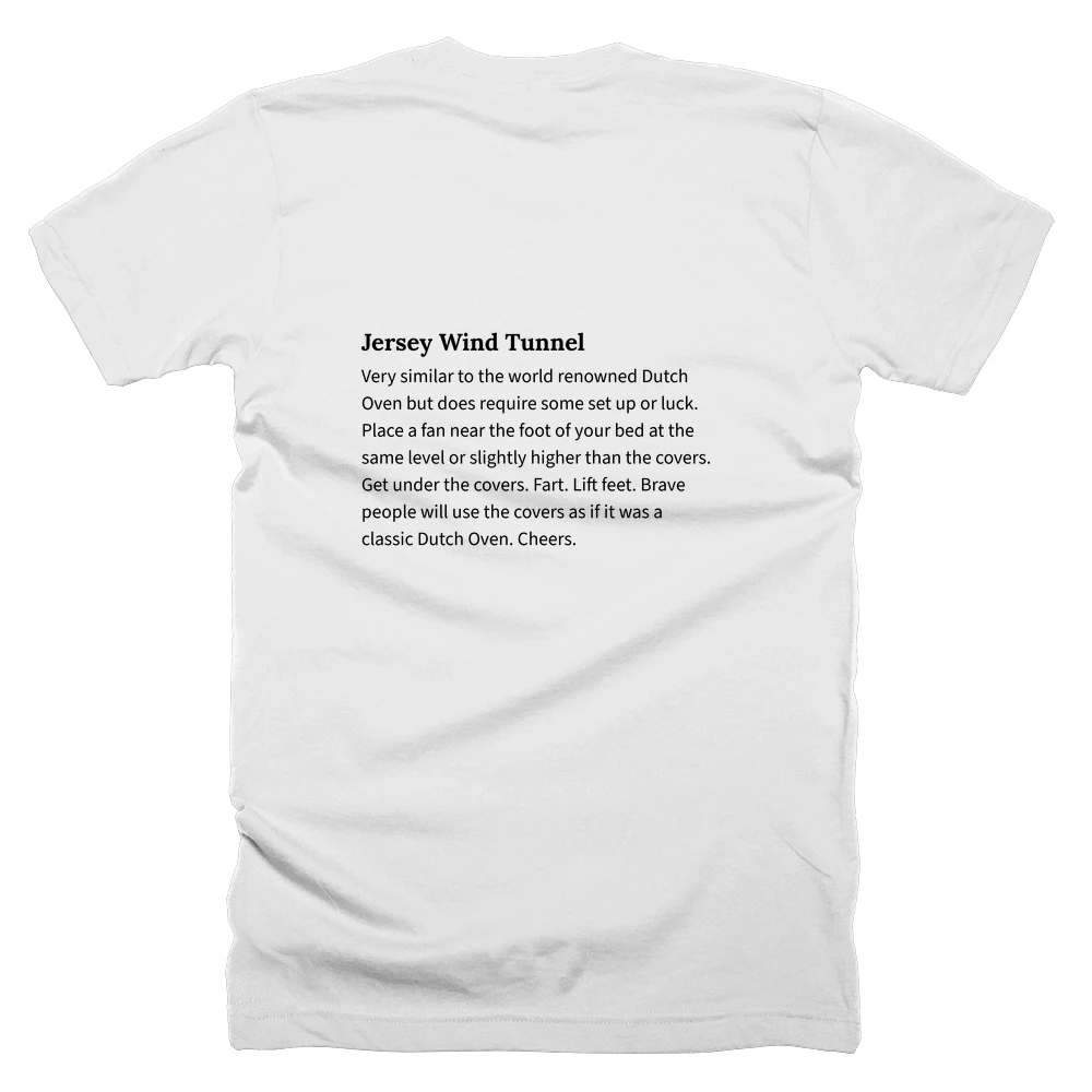 T-shirt with a definition of 'Jersey Wind Tunnel' printed on the back