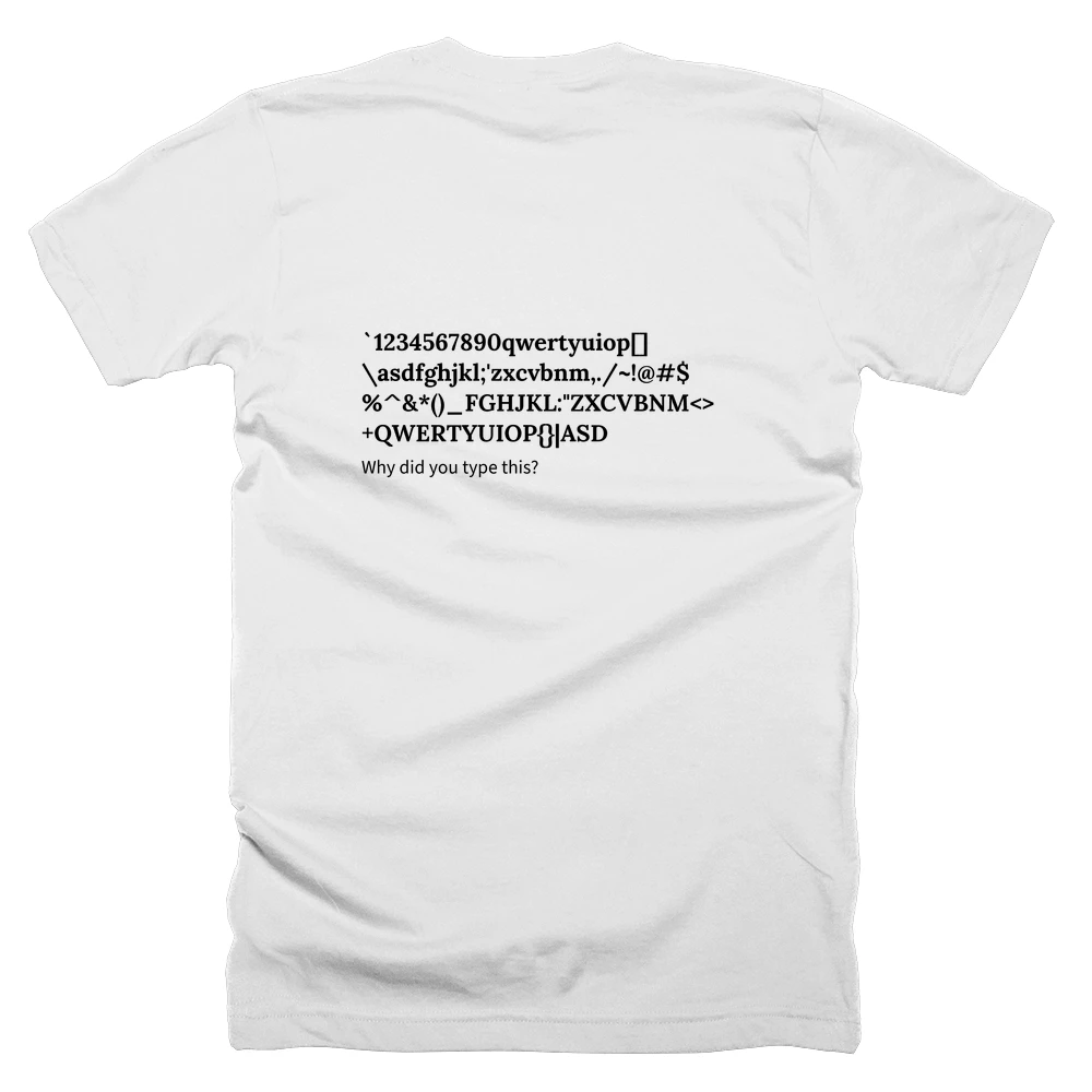 T-shirt with a definition of '`1234567890qwertyuiop[]\asdfghjkl;'zxcvbnm,./~!@#$%^&*()_FGHJKL:"ZXCVBNM<>?+QWERTYUIOP{}|ASD' printed on the back