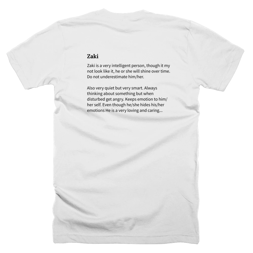 T-shirt with a definition of 'Zaki' printed on the back