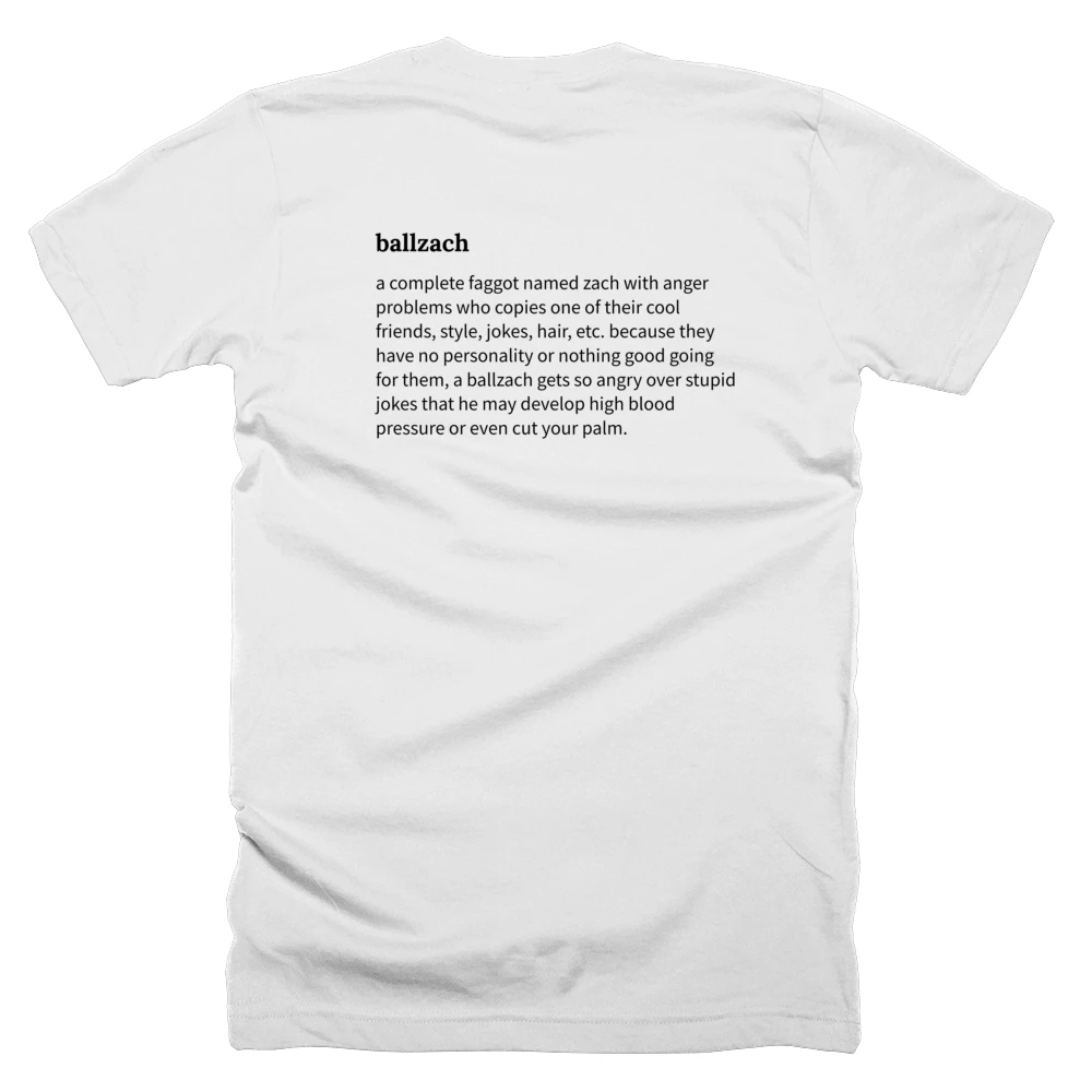T-shirt with a definition of 'ballzach' printed on the back