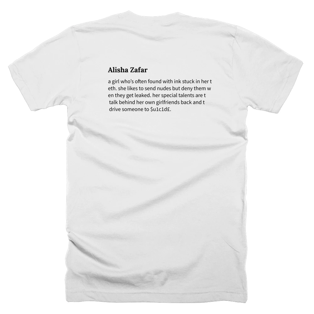 T-shirt with a definition of 'Alisha Zafar' printed on the back