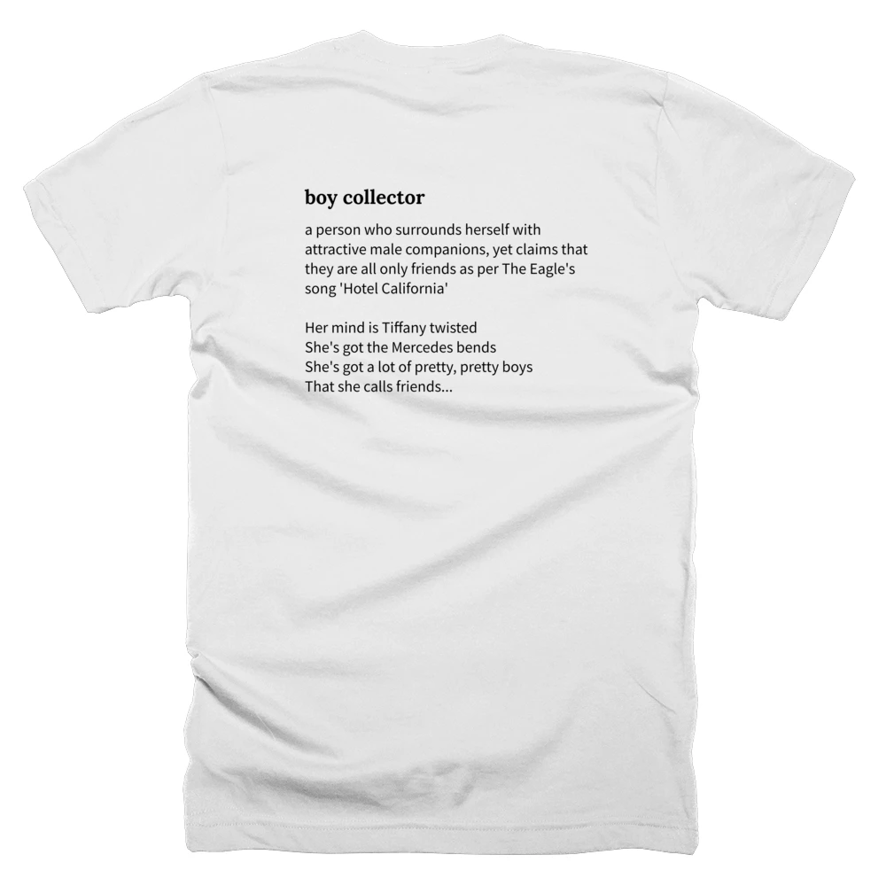 T-shirt with a definition of 'boy collector' printed on the back