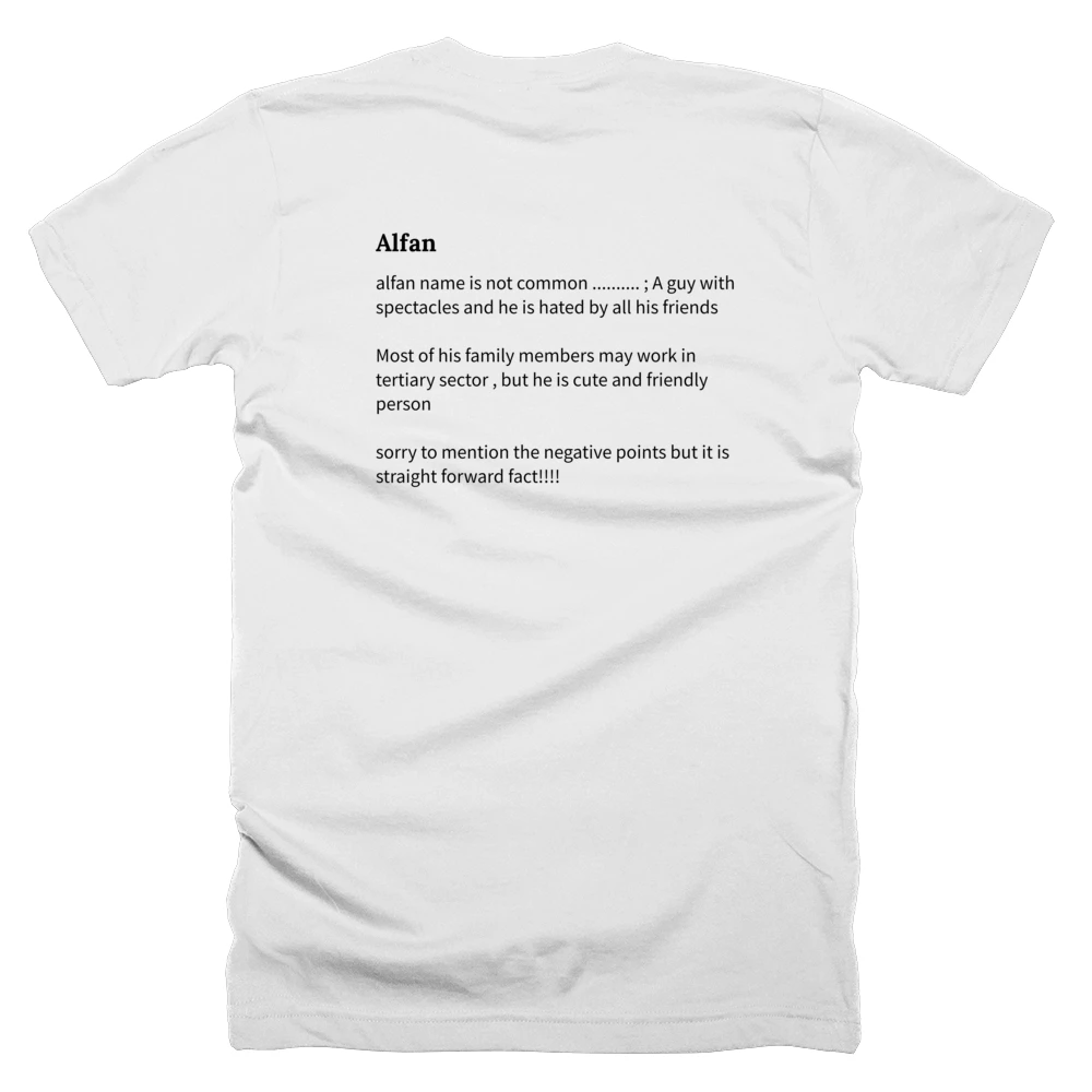 T-shirt with a definition of 'Alfan' printed on the back