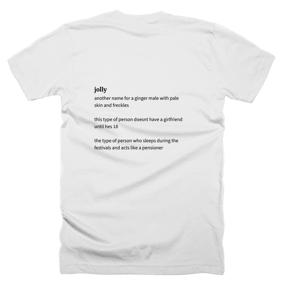 T-shirt with a definition of 'jolly' printed on the back