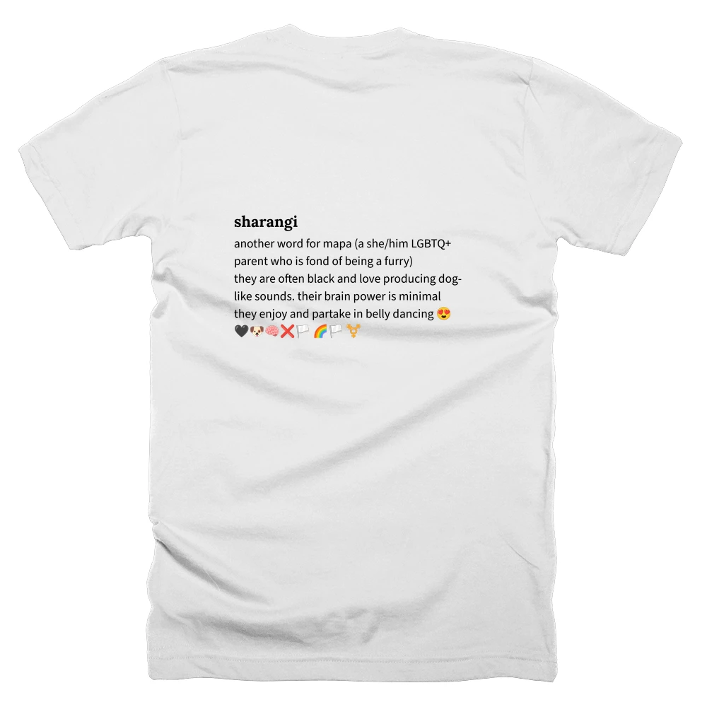 T-shirt with a definition of 'sharangi' printed on the back