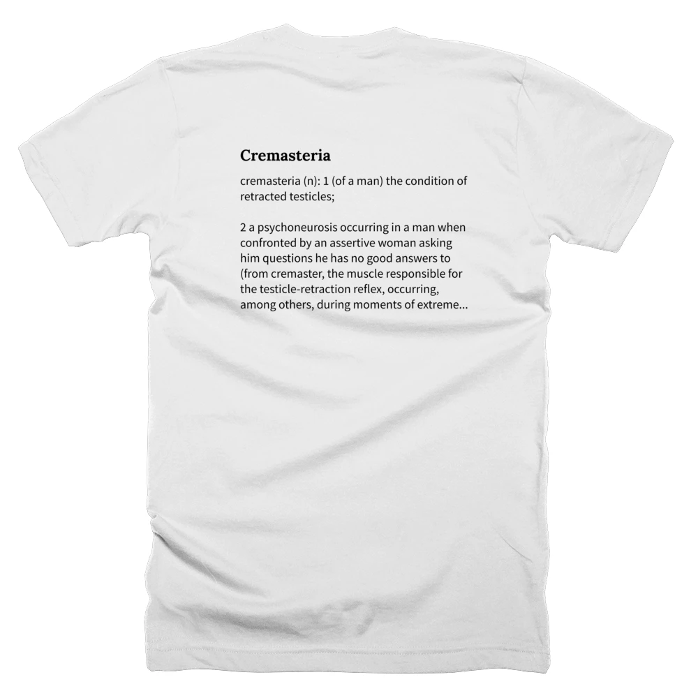 T-shirt with a definition of 'Cremasteria' printed on the back