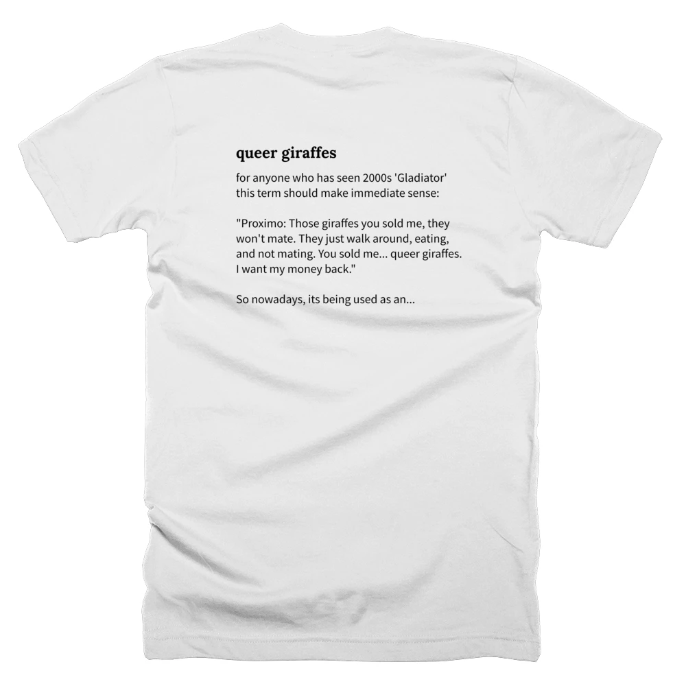 T-shirt with a definition of 'queer giraffes' printed on the back