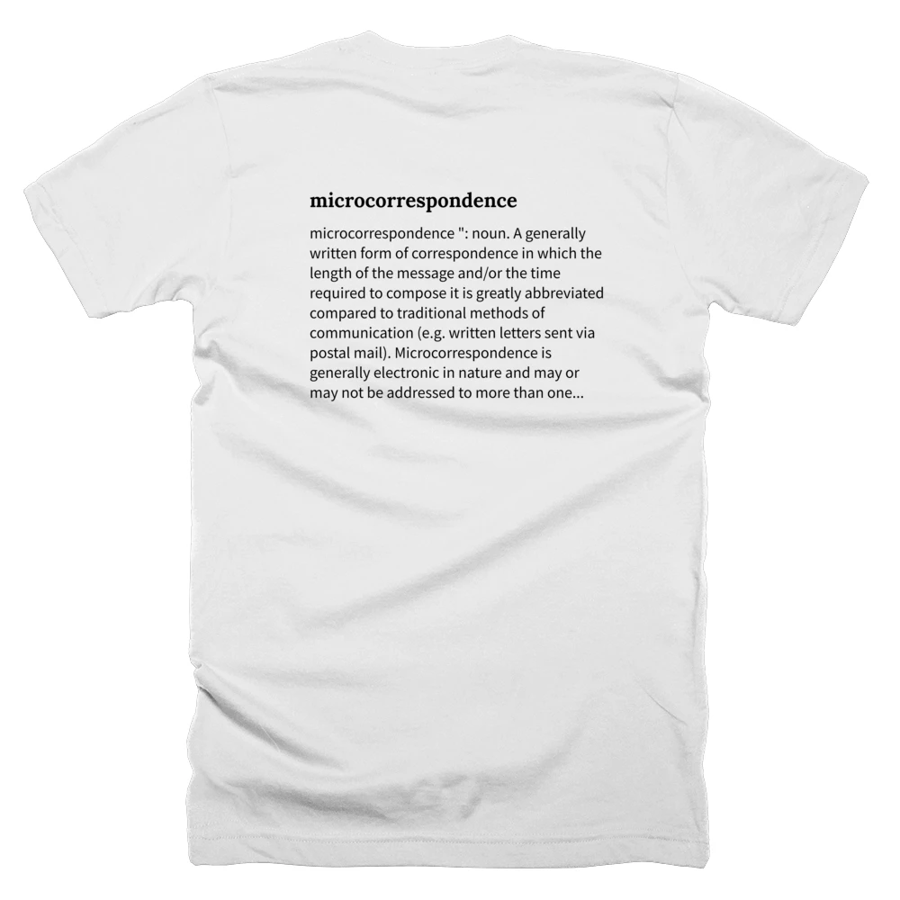 T-shirt with a definition of 'microcorrespondence' printed on the back