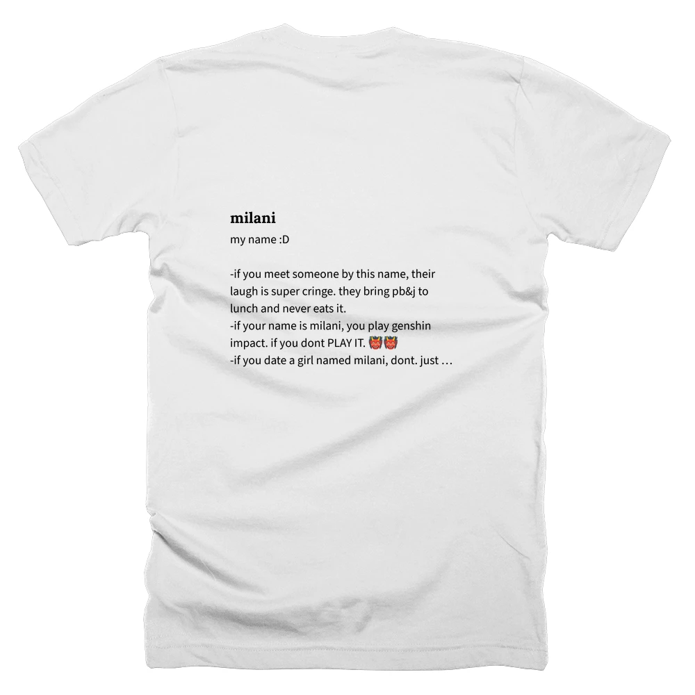 T-shirt with a definition of 'milani' printed on the back