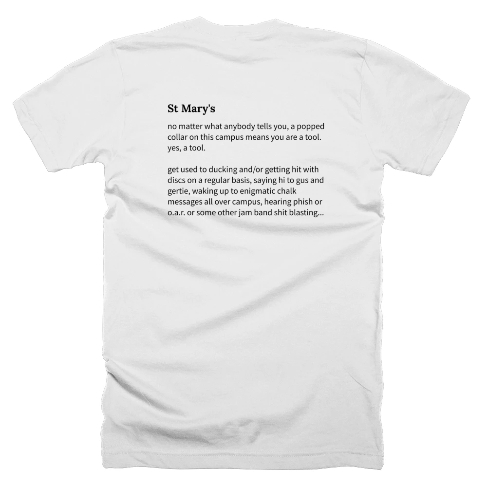 T-shirt with a definition of 'St Mary's' printed on the back