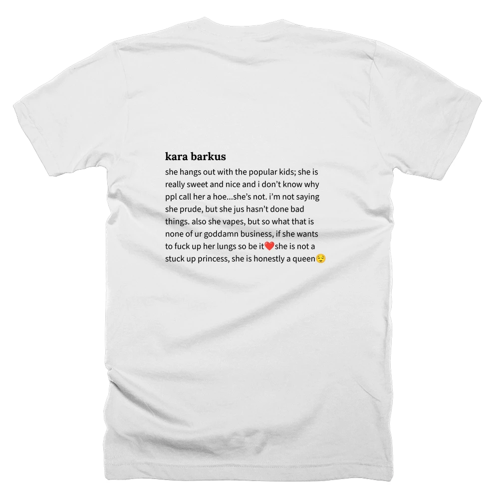 T-shirt with a definition of 'kara barkus' printed on the back