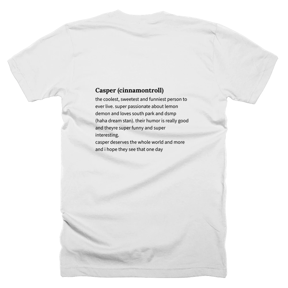 T-shirt with a definition of 'Casper (cinnamontroll)' printed on the back