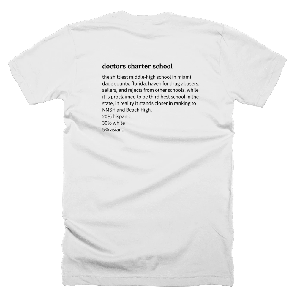 T-shirt with a definition of 'doctors charter school' printed on the back