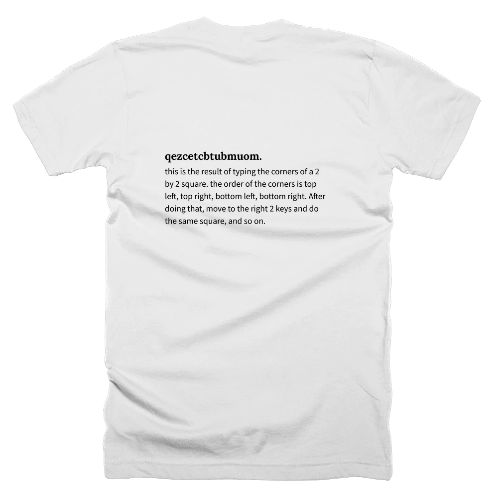 T-shirt with a definition of 'qezcetcbtubmuom.' printed on the back