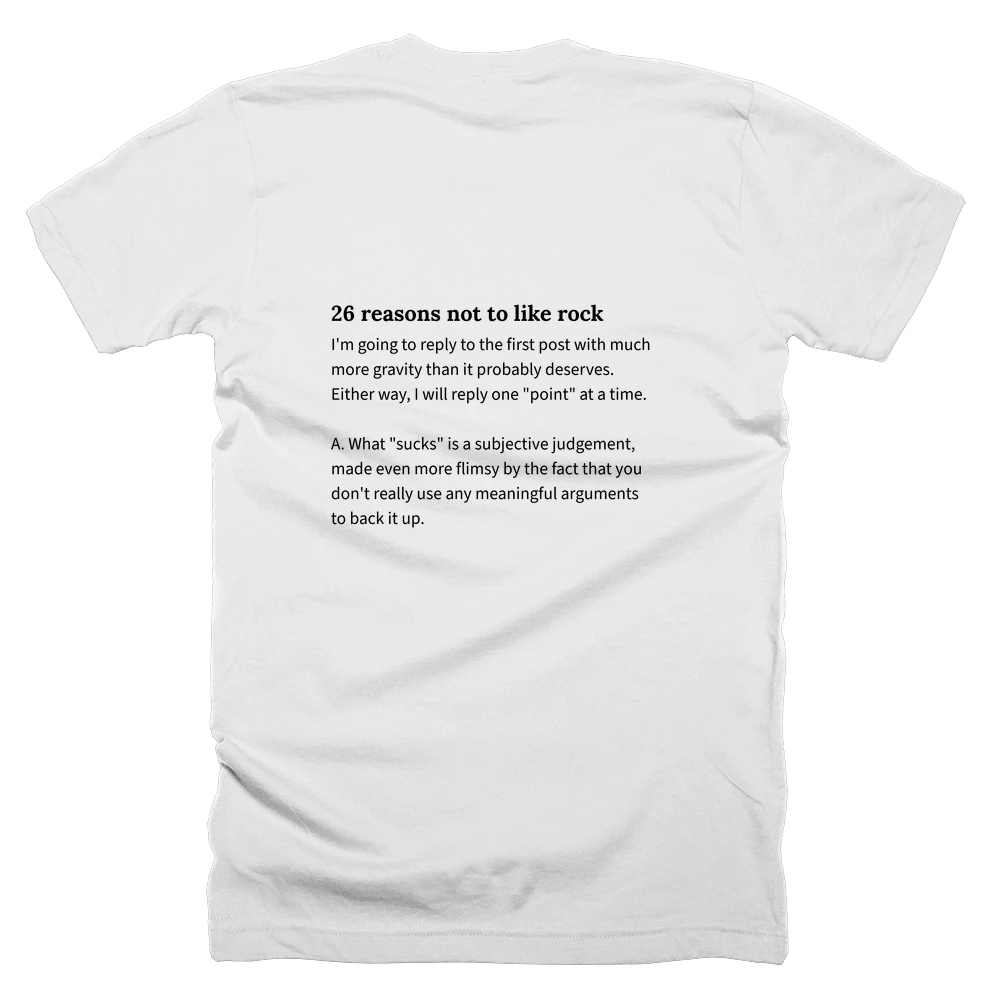 T-shirt with a definition of '26 reasons not to like rock' printed on the back
