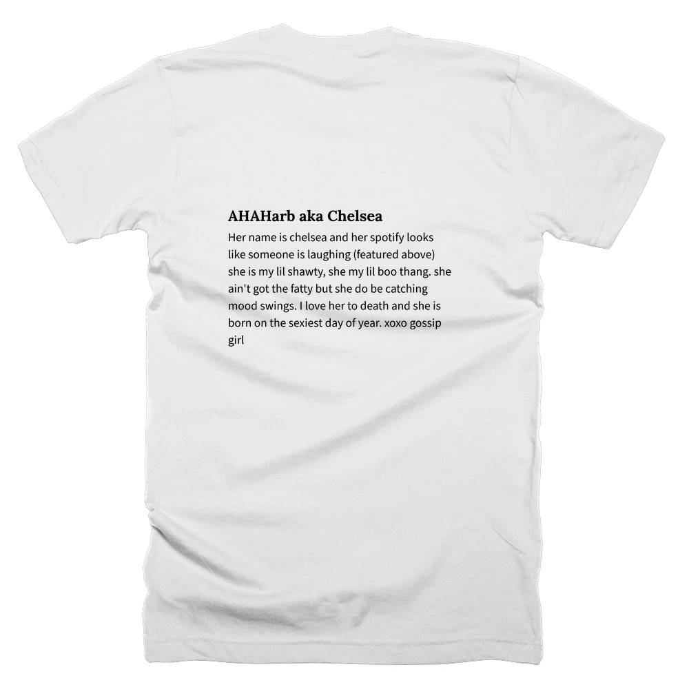 T-shirt with a definition of 'AHAHarb aka Chelsea' printed on the back