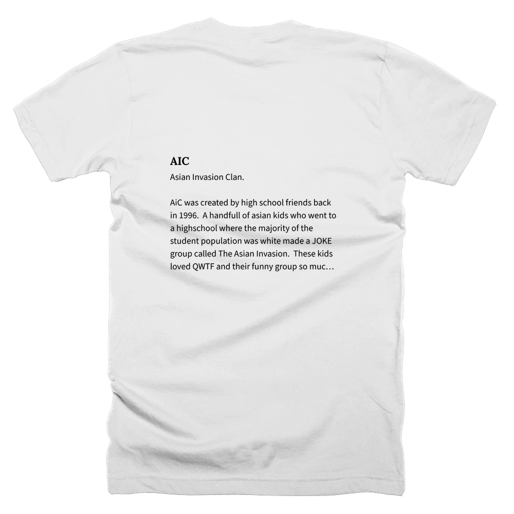 T-shirt with a definition of 'AIC' printed on the back