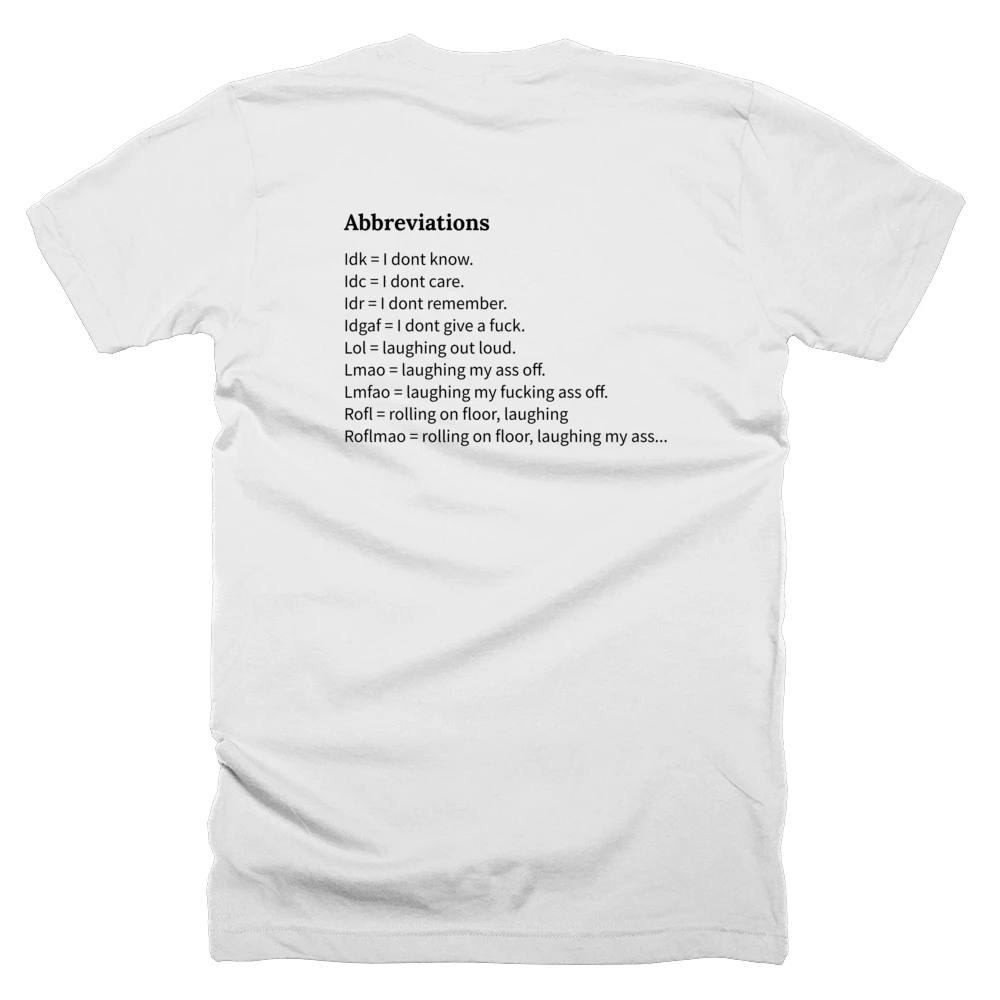 T-shirt with a definition of 'Abbreviations' printed on the back