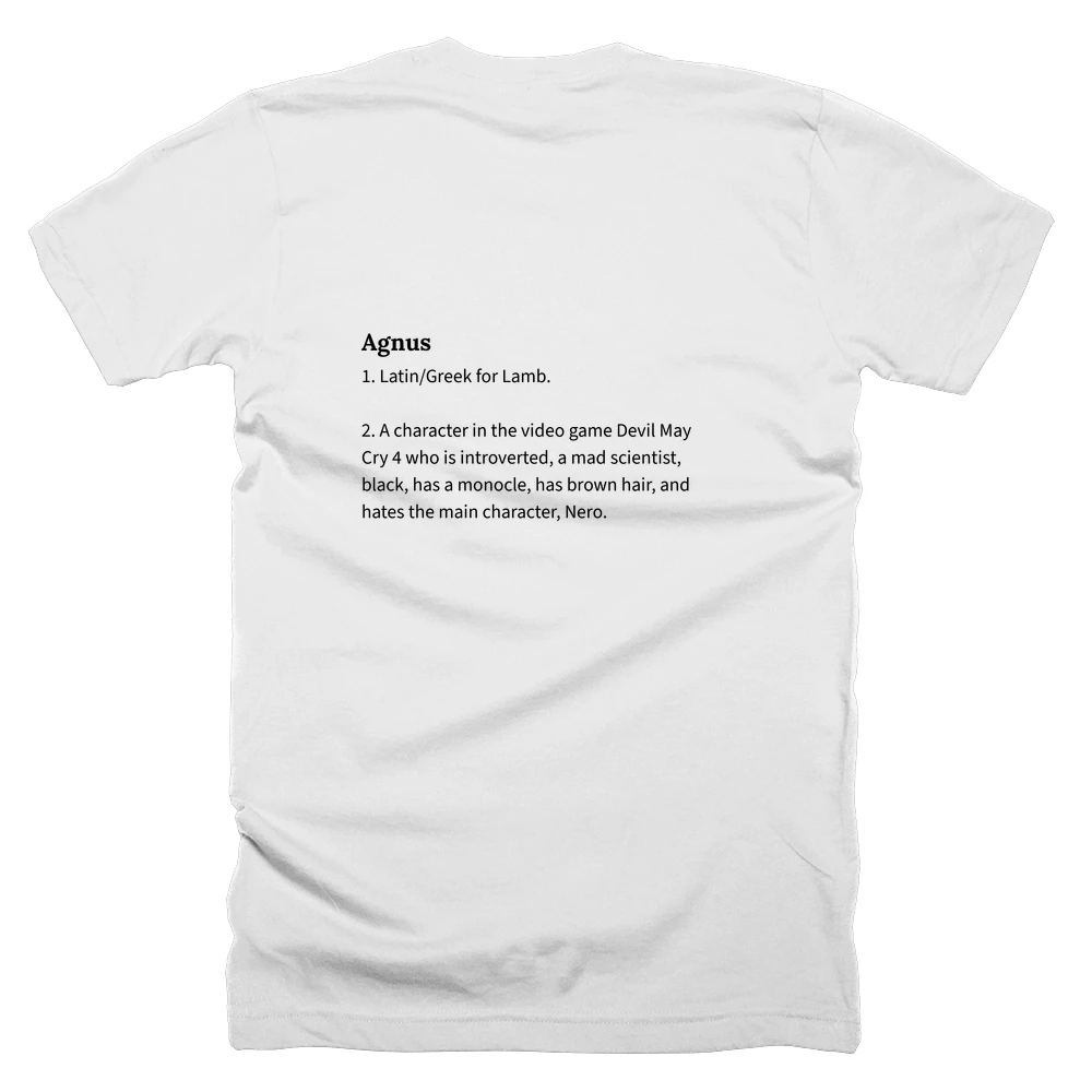 T-shirt with a definition of 'Agnus' printed on the back